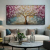 CHERRY BLOSSOM DREAM: Panoramic Textured Impasto Painting of a Cherry Blossom Tree, Modern Wall Art, Pink and Gold
