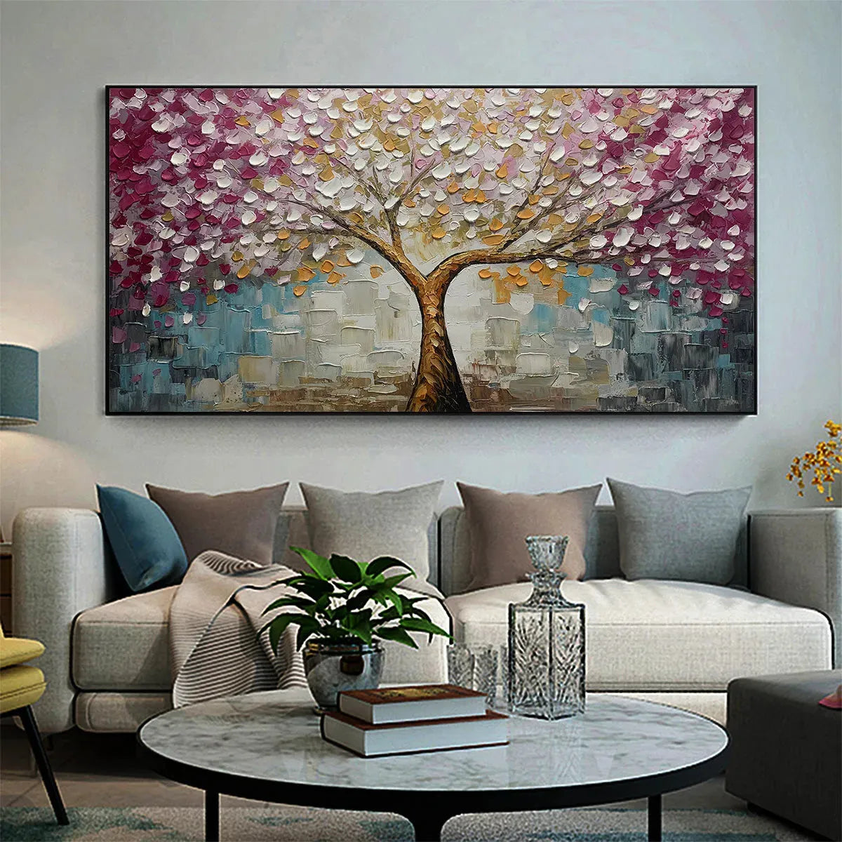 CHERRY BLOSSOM DREAM: Panoramic Textured Impasto Painting of a Cherry Blossom Tree, Modern Wall Art, Pink and Gold - Image 2