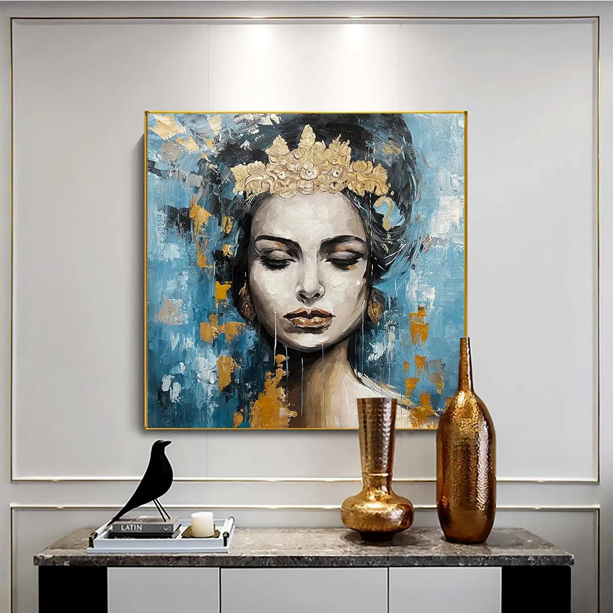 GOLDEN MUSE: Portrait Painting in Blue and Gold, Square Canvas, Modern Figurative Wall Art - Image 7