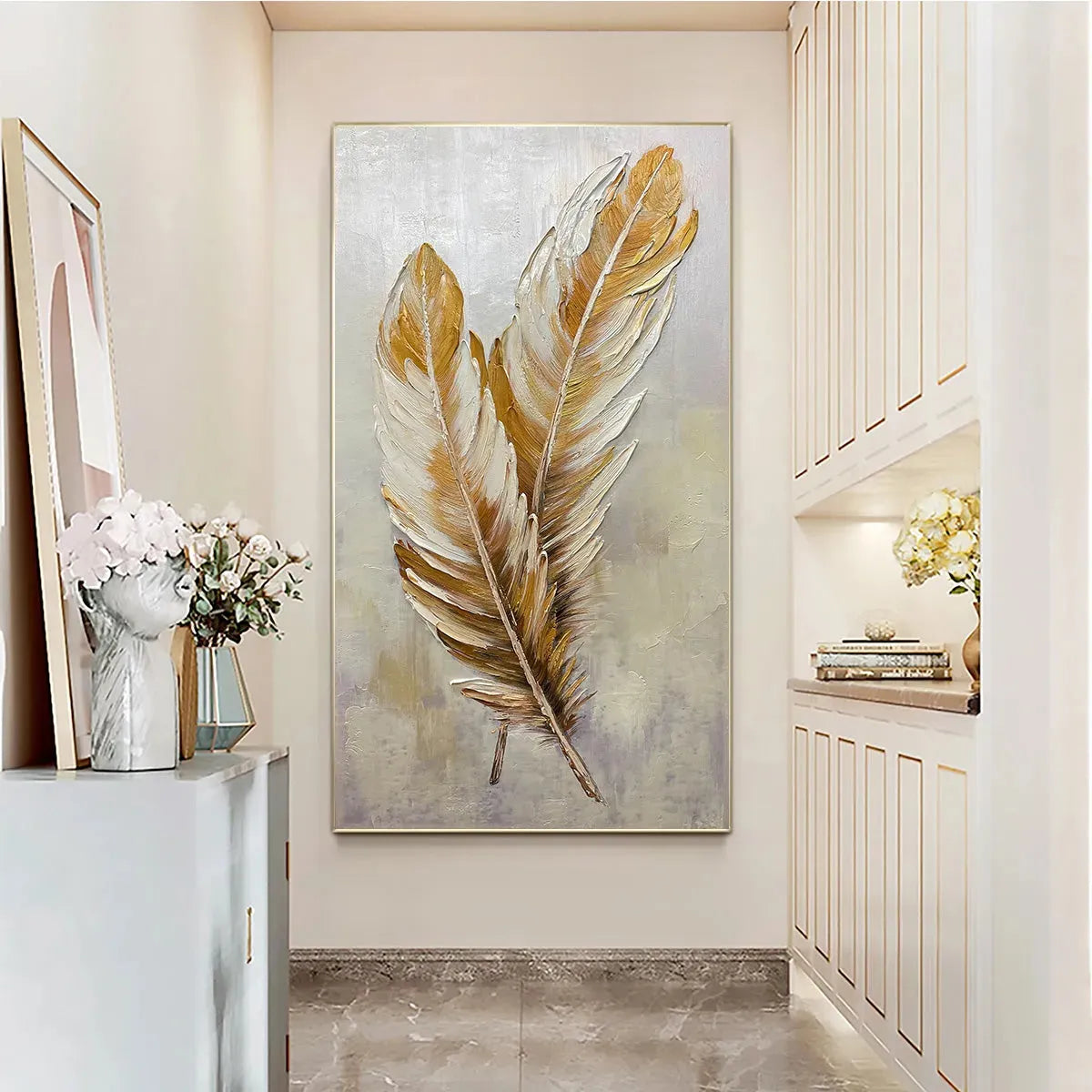 GOLDEN GRACE: Vertical Painting of Golden Feathers, Textured Impasto, Modern Wall Art - Image 8