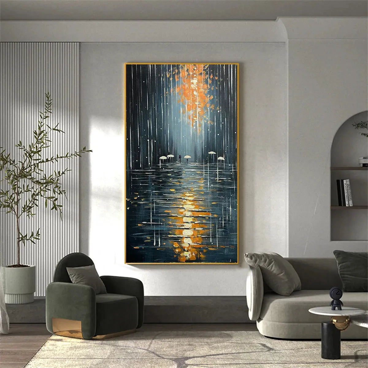 RAINY DAY REFLECTIONS: Vertical Painting of a Rainy City Street, Minimalist Figures, Modern Wall Art, Blue and Gold - Image 4