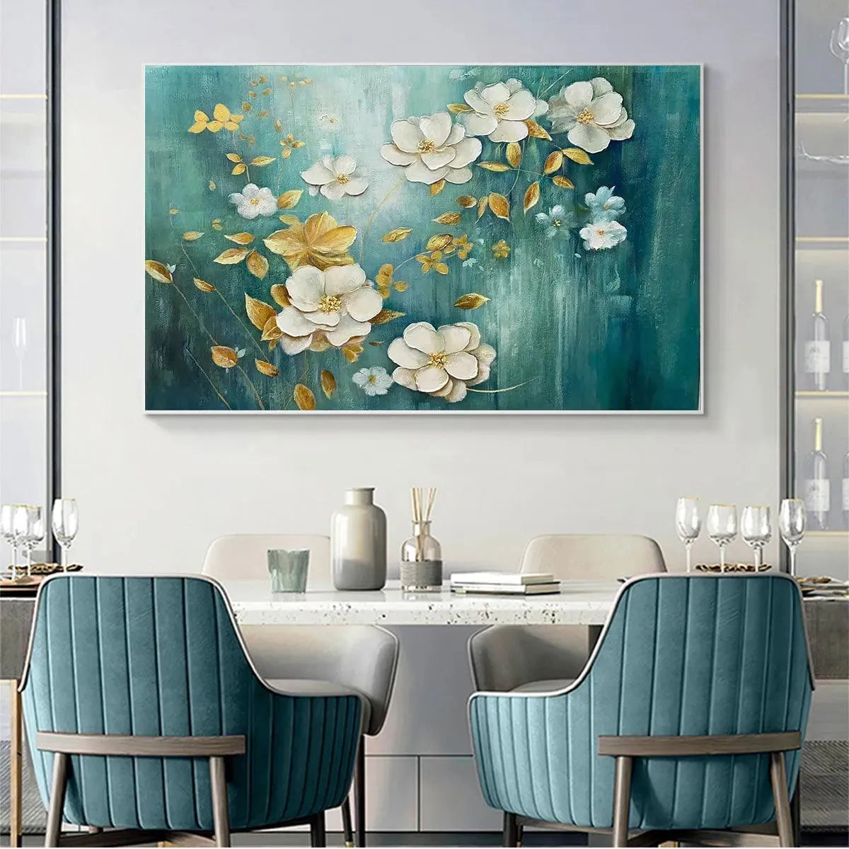 GOLDEN GARDEN: White and Gold Floral Painting, Teal Green Background Wall Art, Horizontal Canvas, Impressionist Decor - Image 7