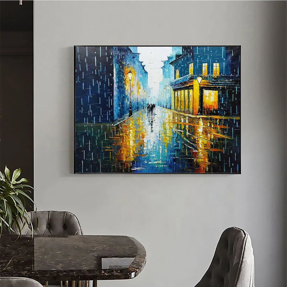 RAINY NIGHT IN PARIS: Textured Cityscape Painting, Rainy Street Scene, Blue, Living Room, Dining Room, Office - Image 5