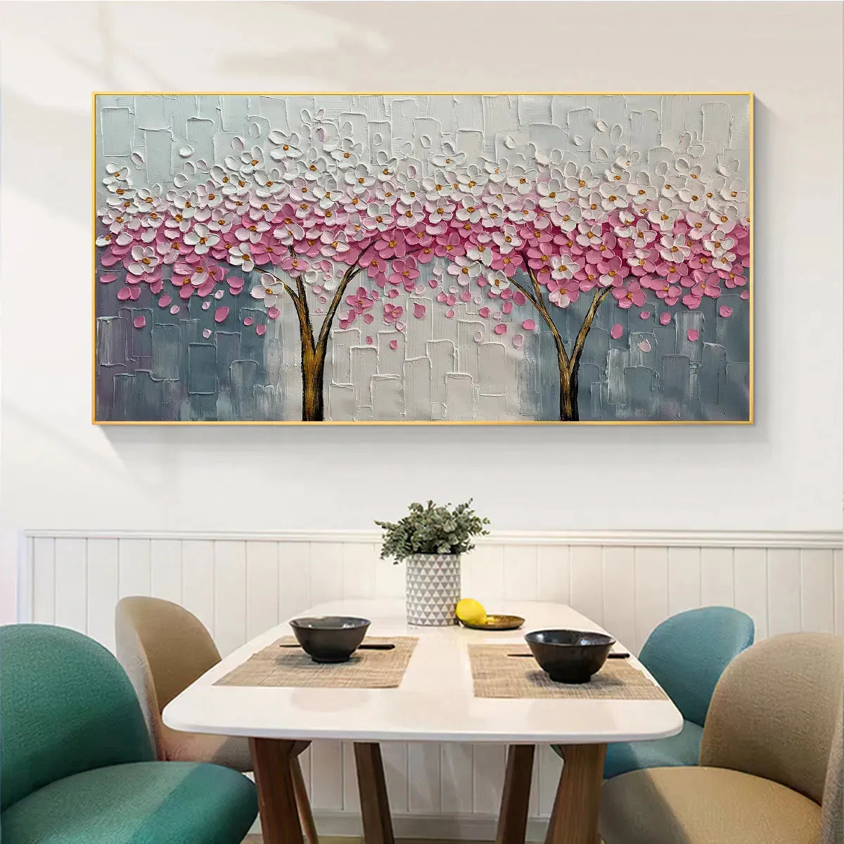 SPRING BLOSSOM: Panoramic Cherry Blossom Painting in Pink and White, Textured Impasto, Modern Wall Art - Image 4
