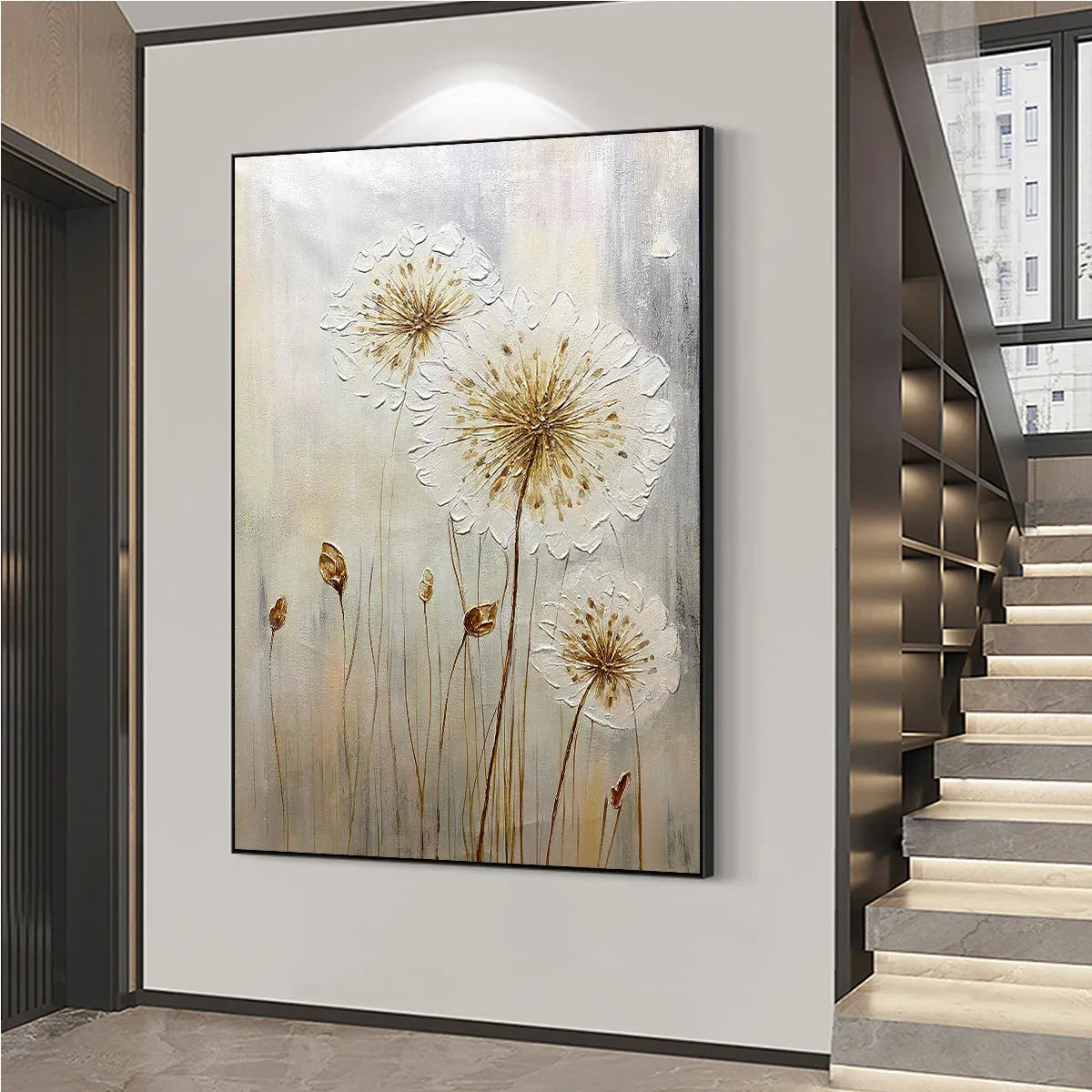 WHISPERS OF GOLD: Textured Dandelion Painting on Vertical Canvas - Image 6