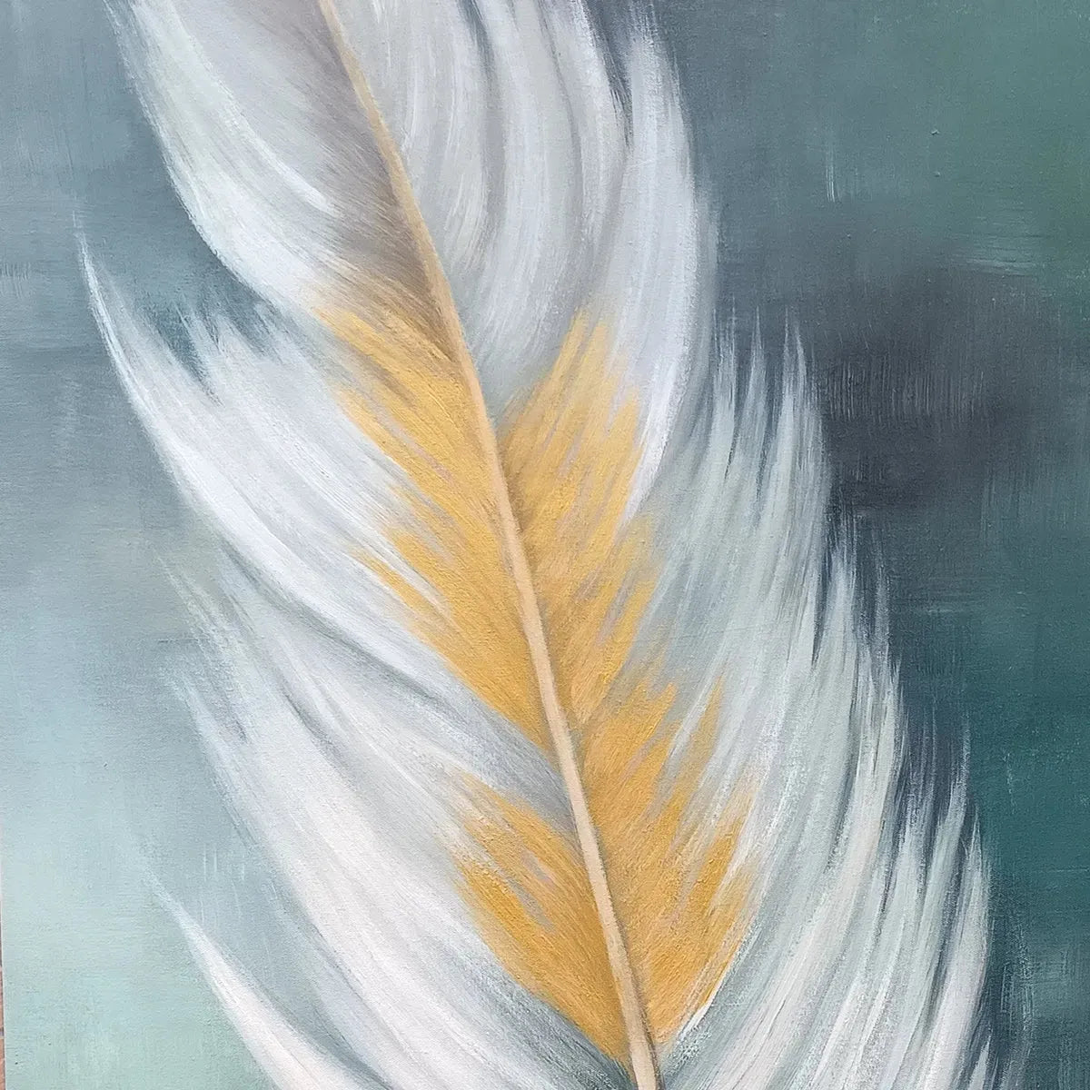 GOLDEN QUILL: White and Gold Feather Painting, Green Background Wall Art, Vertical Canvas, Minimalist Decor - Image 3
