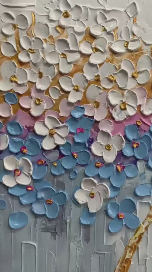 AZURE DREAM: Textured Floral Landscape Oil Painting in Blue, White, and Gold - Image 4