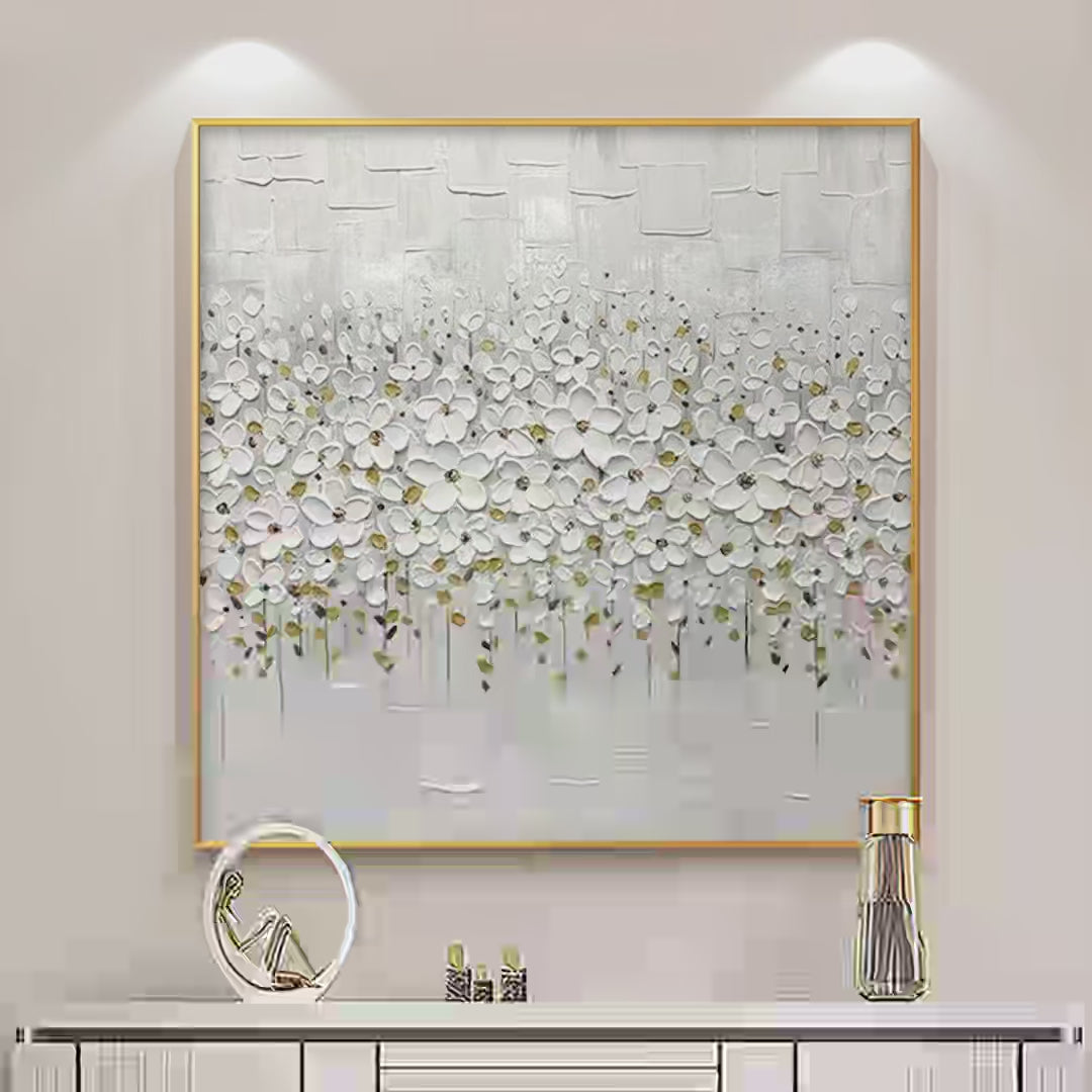 WHITE BLOSSOM FIELD: Textured White Floral Painting, Square Wall Art - Image 4