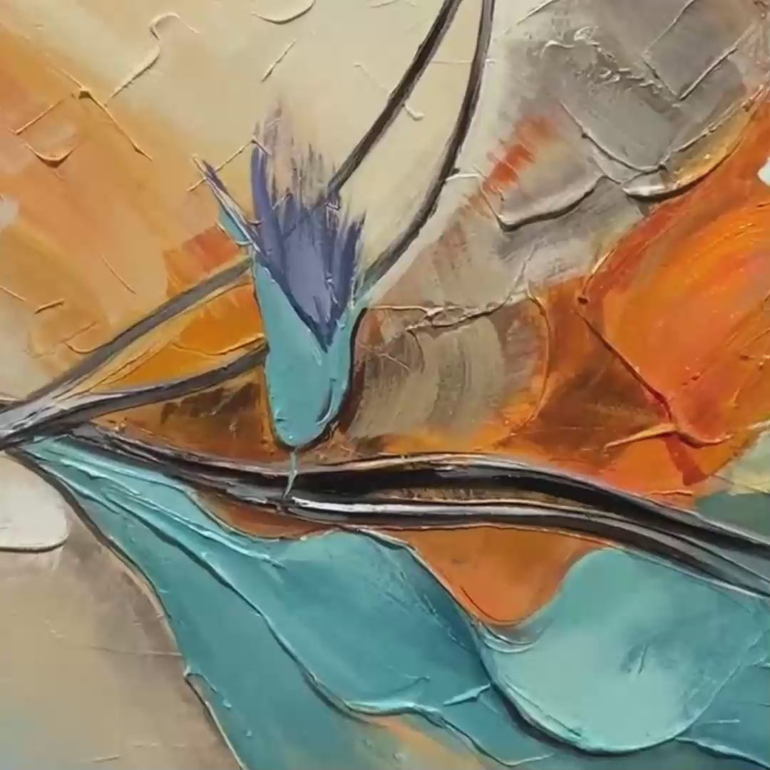 AZURE FLIGHT: Textured Abstract Oil Painting with Birds in Flight - Image 3