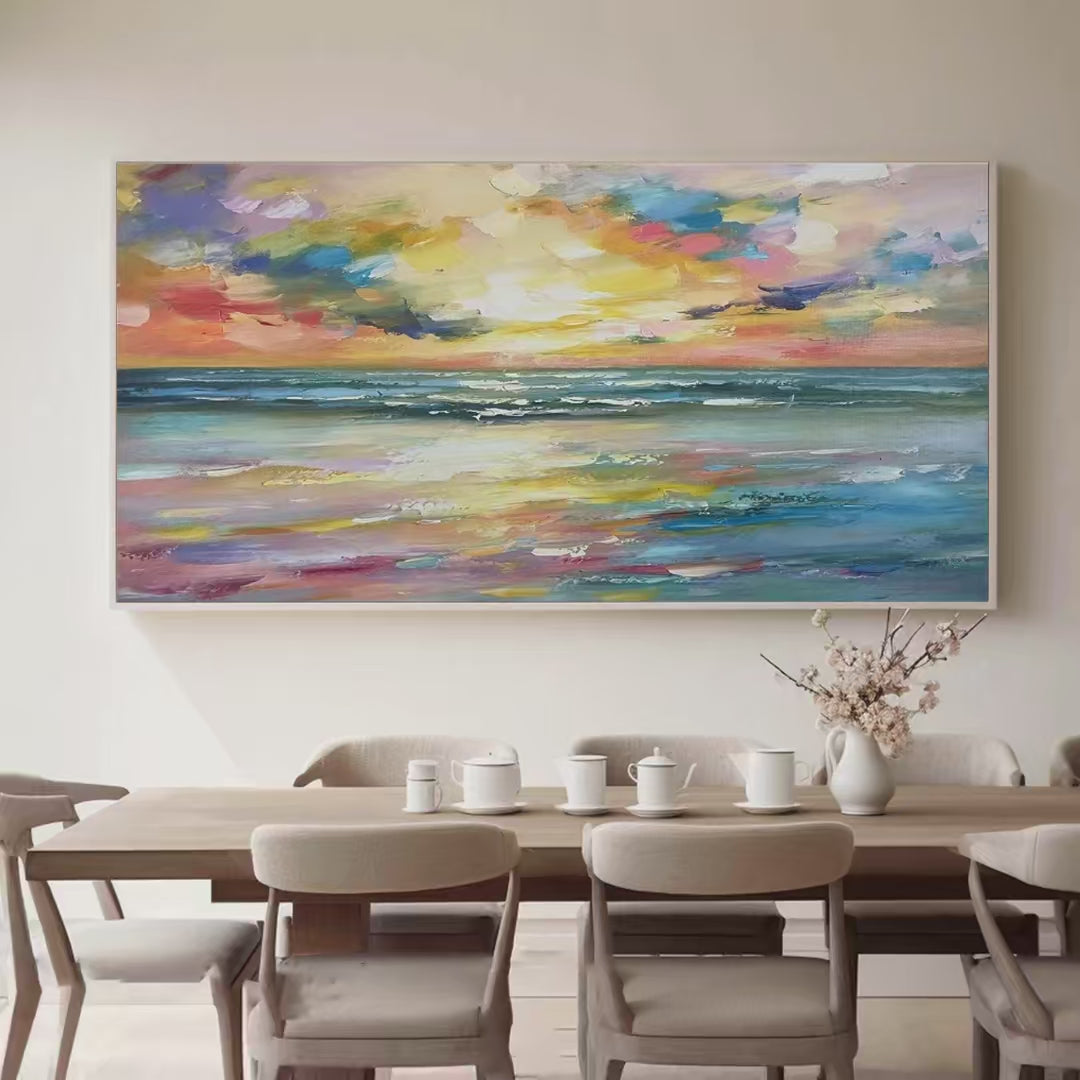 SEASIDE SUNSET SERENADE: Ocean Painting, Impasto Texture, Sunset Beach, Panoramic Wall Art, Horizontal Canvas - Image 2