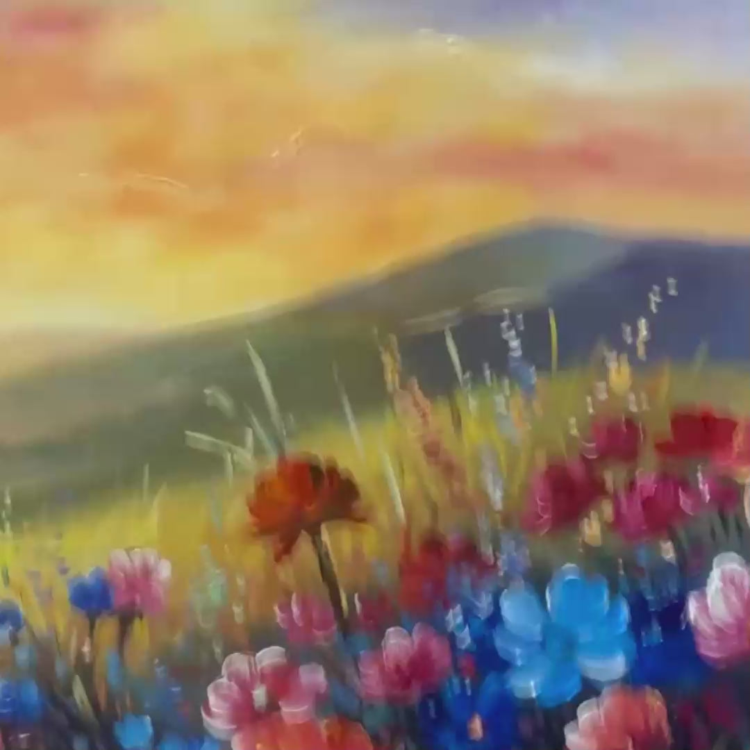 SUNSET SERENADE: Textured Floral Landscape Painting, Impasto Wall Art, Horizontal Canvas, Sunset Decor - Image 3