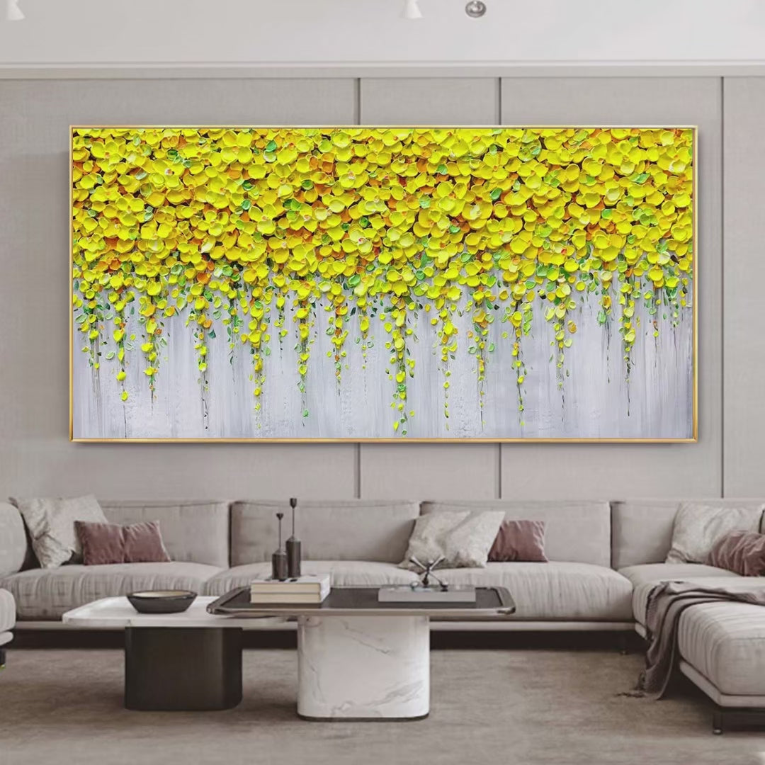 GOLDEN CASCADE: Textured Yellow Floral Painting on Grey Background - Image 4