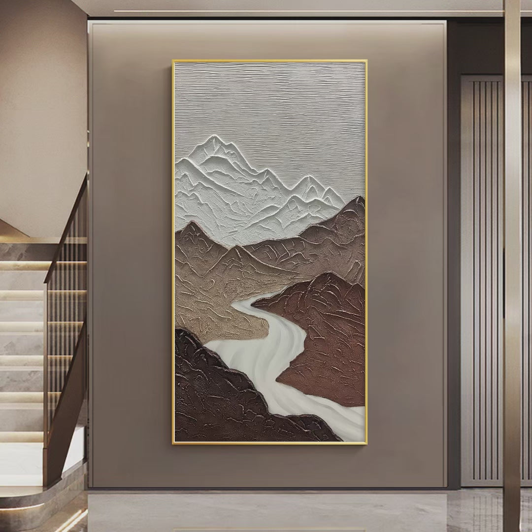 EARTH RIVER: Textured Brown and White Mountain River Landscape Painting - Image 4