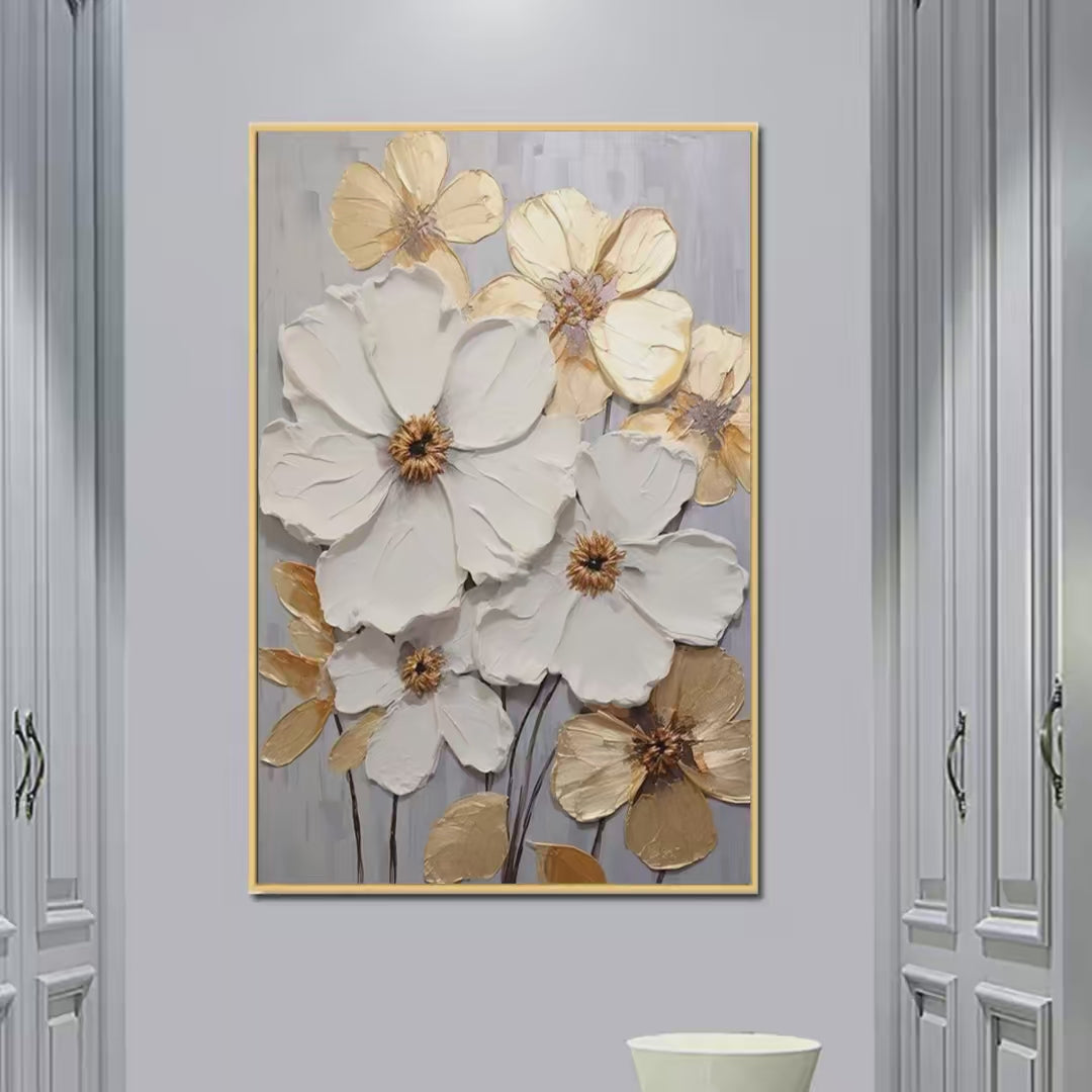 GOLDEN WHISPERS: Textured Floral Painting, Gold and White Wall Art, Vertical Canvas, Impasto Decor - Image 2