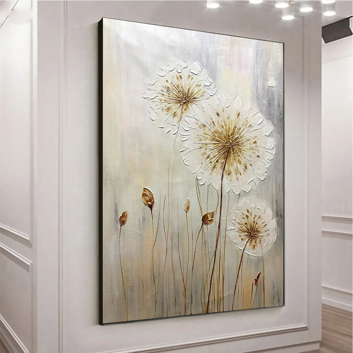 WHISPERS OF GOLD: Textured Dandelion Painting on Vertical Canvas - Image 8