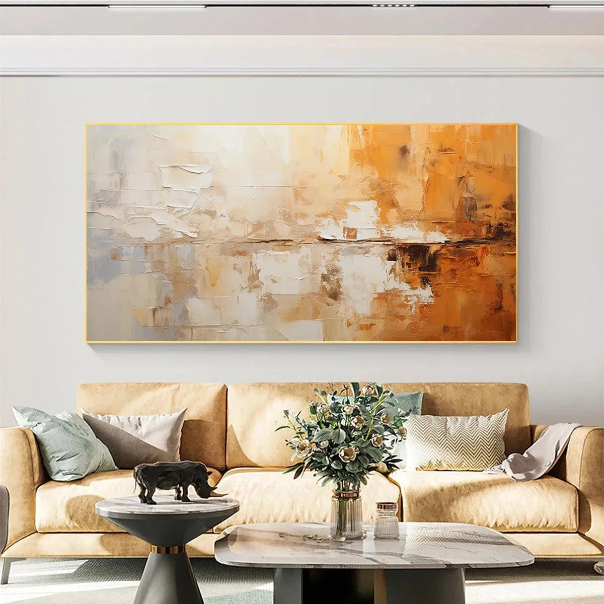 DESERT DUSK: Panoramic Abstract Painting in Orange and Beige, Textured Canvas, Modern Wall Art - Image 5