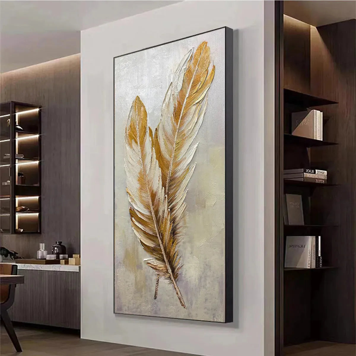 GOLDEN GRACE: Vertical Painting of Golden Feathers, Textured Impasto, Modern Wall Art - Image 4