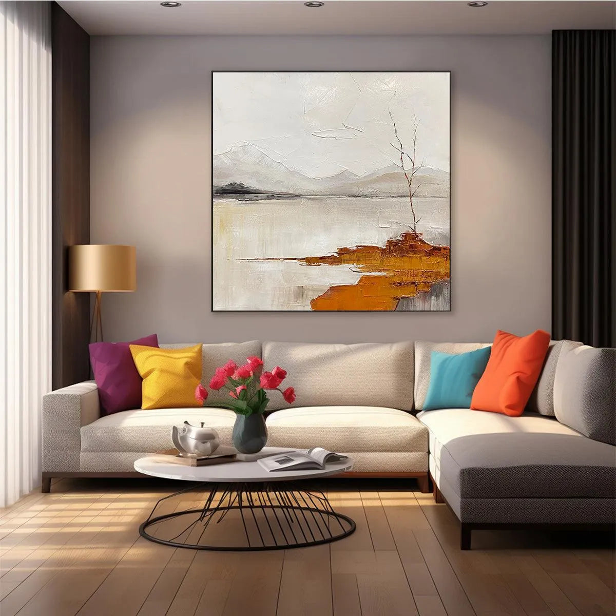 SERENE WATERS: Minimalist Landscape Painting in White, Grey, and Orange, Square Canvas Wall Art - Image 5