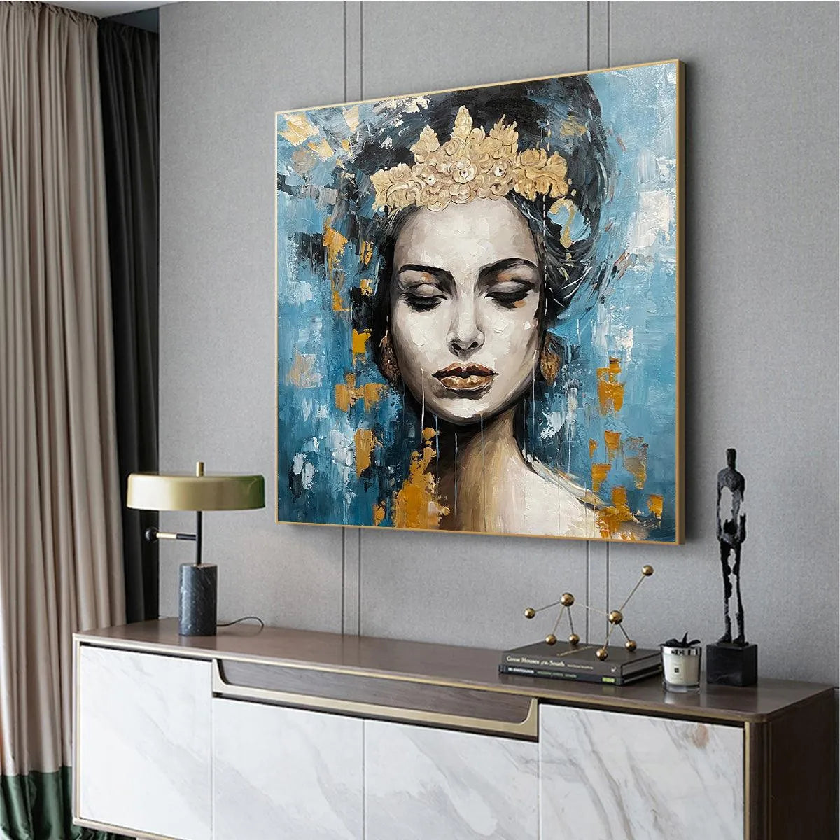 GOLDEN MUSE: Portrait Painting in Blue and Gold, Square Canvas, Modern Figurative Wall Art - Image 8