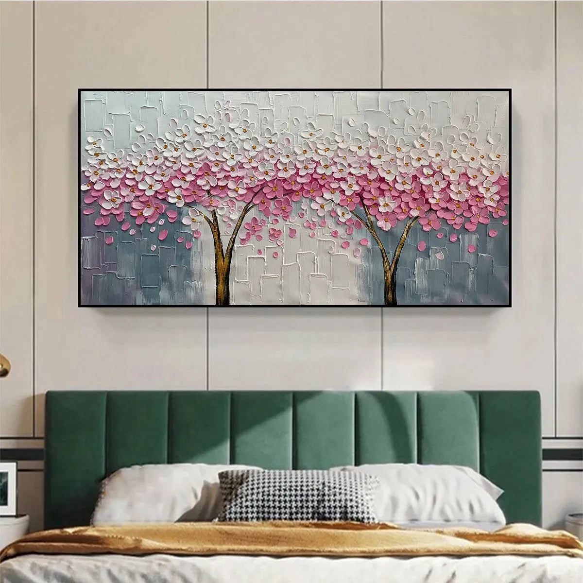 SPRING BLOSSOM: Panoramic Cherry Blossom Painting in Pink and White, Textured Impasto, Modern Wall Art - Image 5