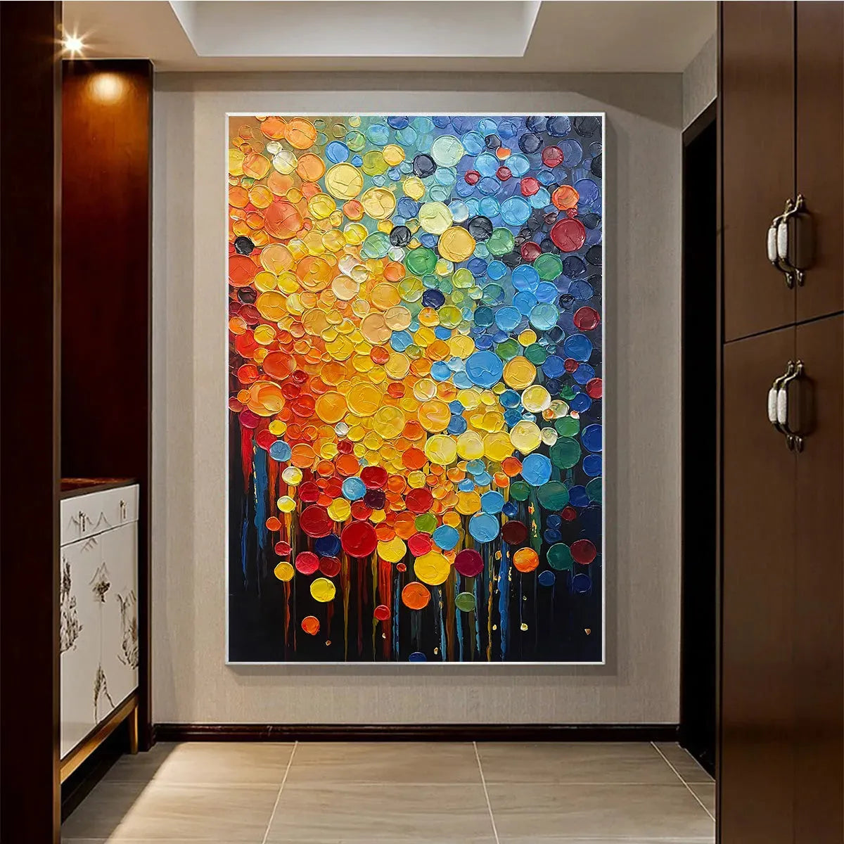 RAINBOW DROPS: Vertical Abstract Painting with Colorful Circles, Textured Impasto, Modern Wall Art - Image 2