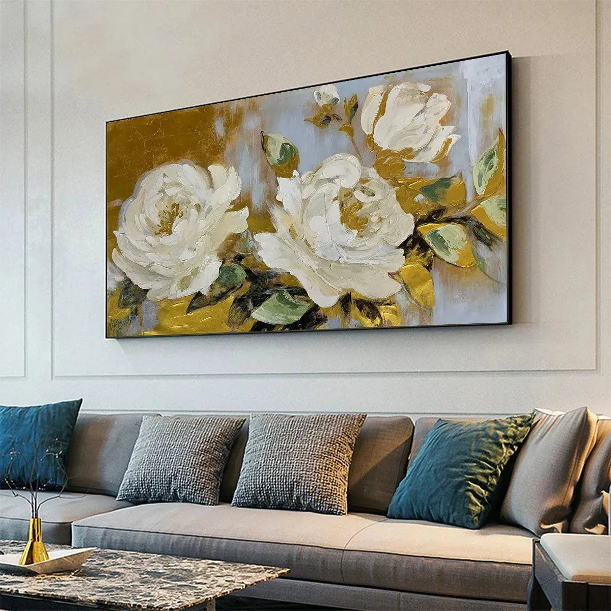 GOLDEN WHISPERS: White Floral Painting with Gold Accents, Panoramic Canvas, Elegant Wall Art for Living Room or Bedroom - Image 4