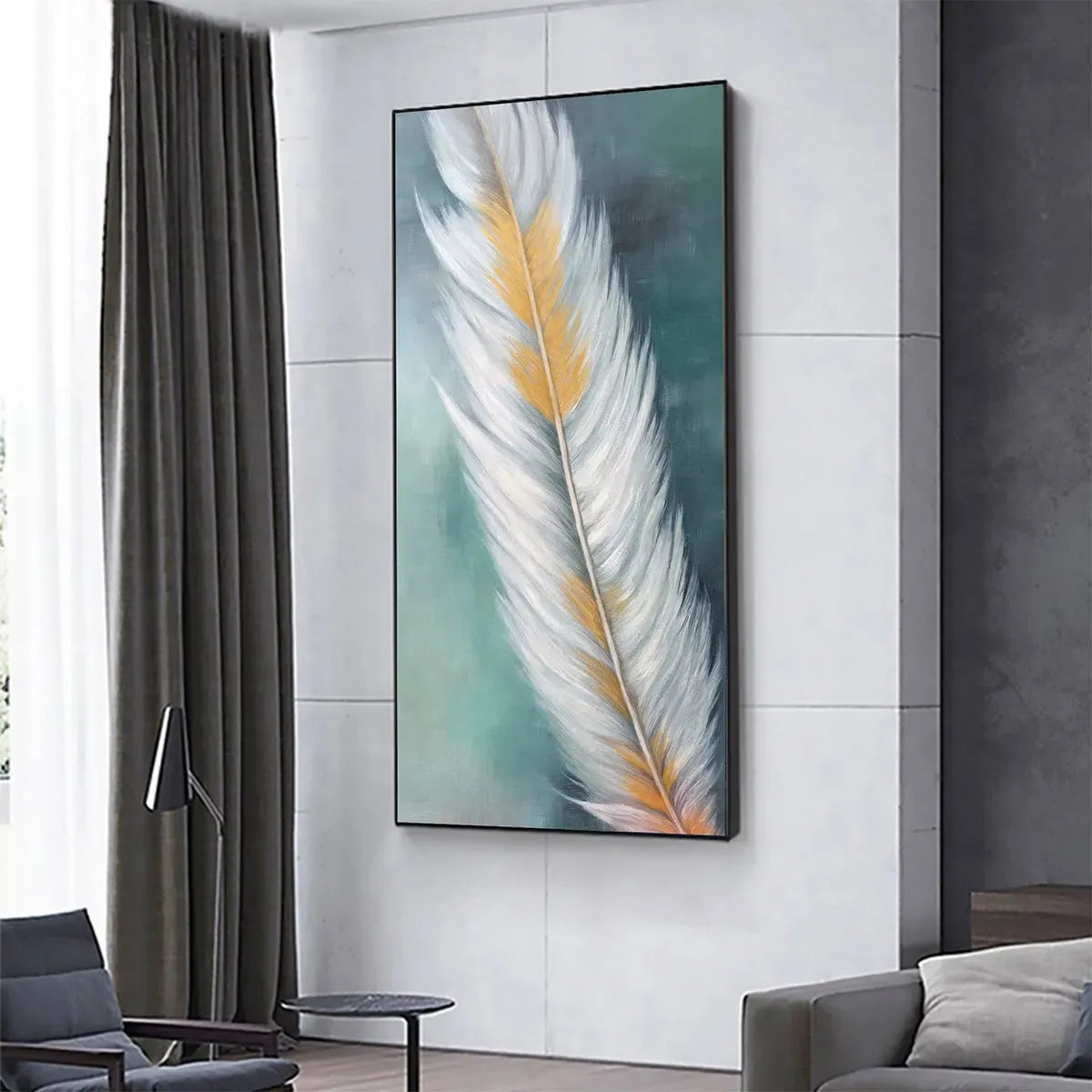 GOLDEN QUILL: White and Gold Feather Painting, Green Background Wall Art, Vertical Canvas, Minimalist Decor - Image 4