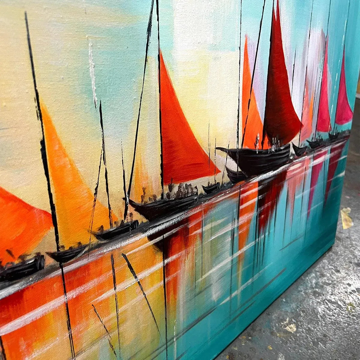 REGATTA AT DAWN: Panoramic Sailboat Painting, Colorful Sunrise - Image 6
