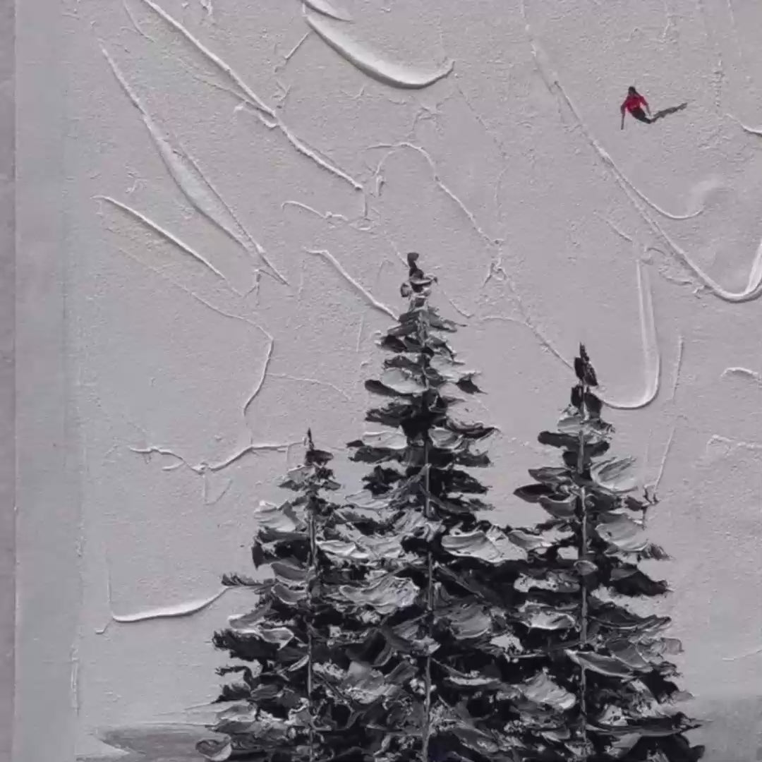ALPINE SKI: Textured Minimalist Ski Scene Painting in Black and White - Image 3