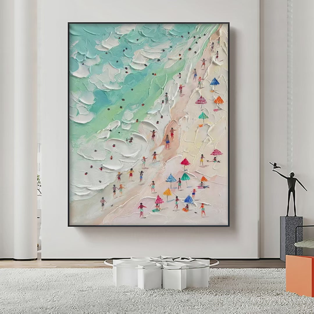 BEACH DAY: Textured Beach Scene Painting with Colorful Umbrellas - Image 2