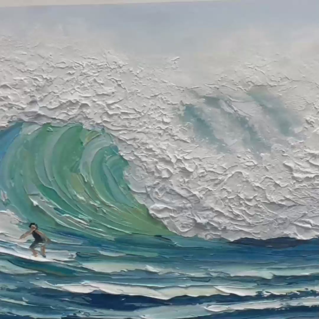 EMERALD SURGE: Textured Blue Ocean Wave Painting with Surfer - Image 3