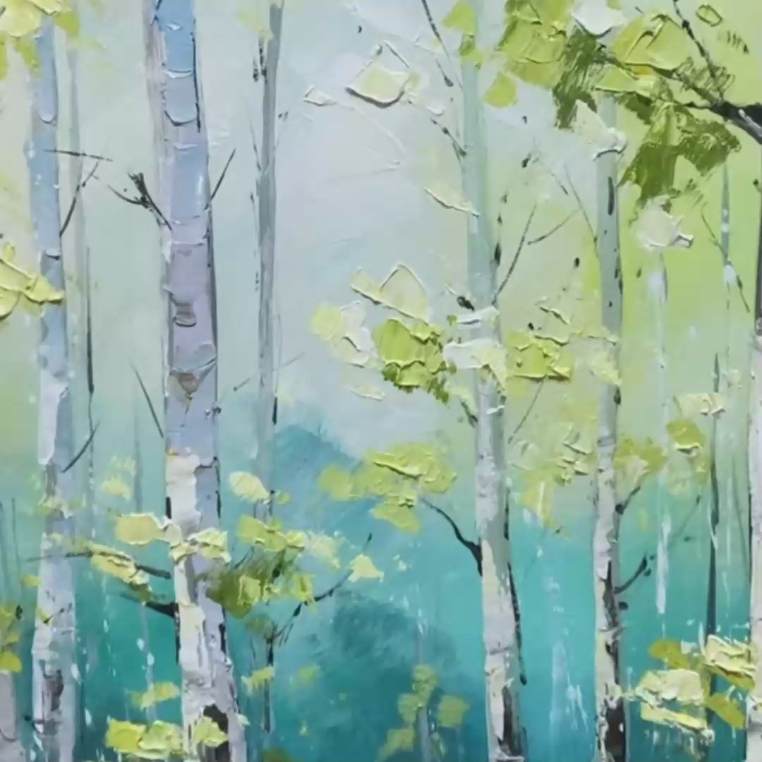 ASPEN GROVE: Textured Birch Tree Painting, Green and Yellow Forest Wall Art, Panoramic Canvas, Nature-Inspired Decor - Image 3