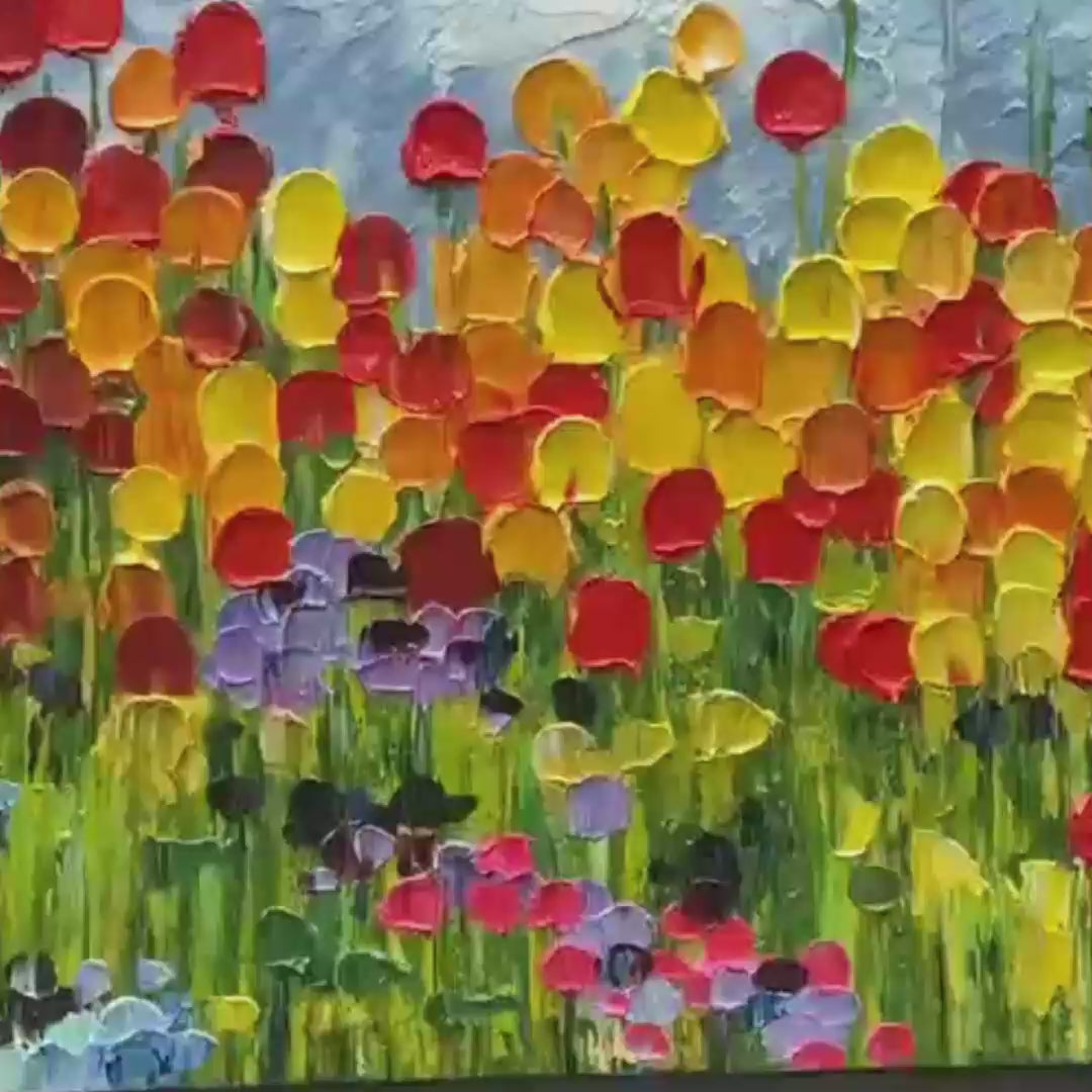 RAINBOW FIELD: Panoramic Impasto Colorful Flower Field Oil Painting - Image 3