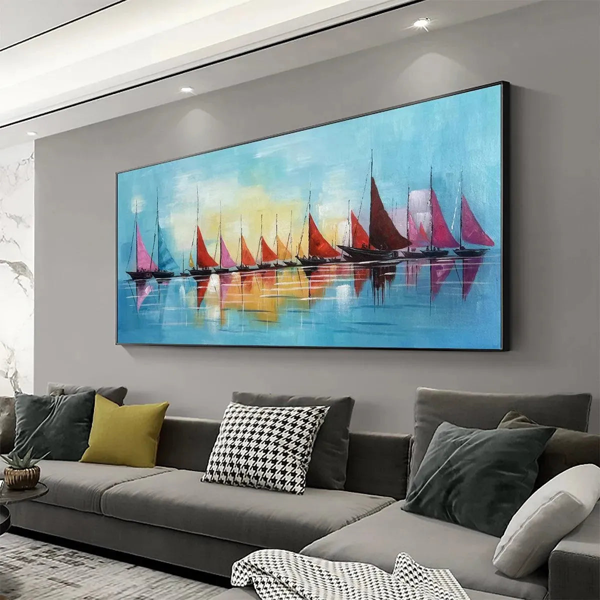 REGATTA: Colorful Sailboats Painting, Blue and Orange Wall Art, Horizontal Canvas, Coastal Decor - Image 9