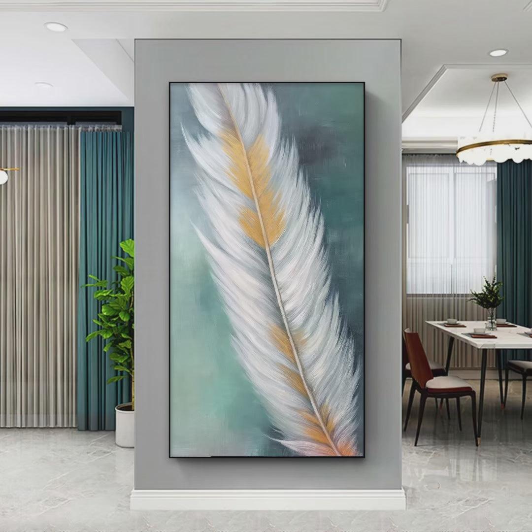 GOLDEN QUILL: White and Gold Feather Painting, Green Background Wall Art, Vertical Canvas, Minimalist Decor - Image 4