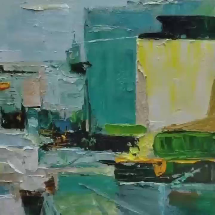 AQUAMARINE CITY: Textured Abstract Cityscape Oil Painting - Image 3