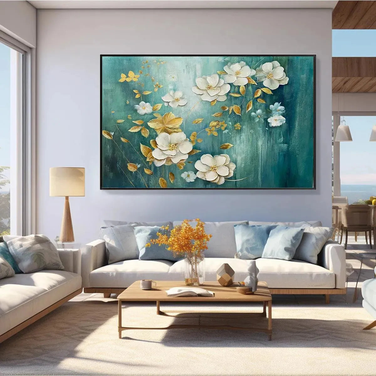 GOLDEN GARDEN: White and Gold Floral Painting, Teal Green Background Wall Art, Horizontal Canvas, Impressionist Decor - Image 2