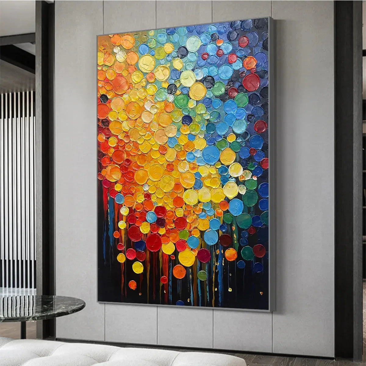 RAINBOW DROPS: Vertical Abstract Painting with Colorful Circles, Textured Impasto, Modern Wall Art - Image 5