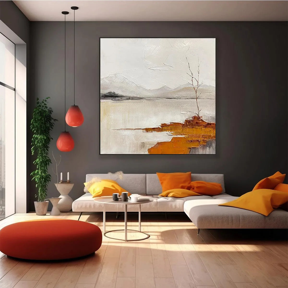 SERENE WATERS: Minimalist Landscape Painting in White, Grey, and Orange, Square Canvas Wall Art - Image 6