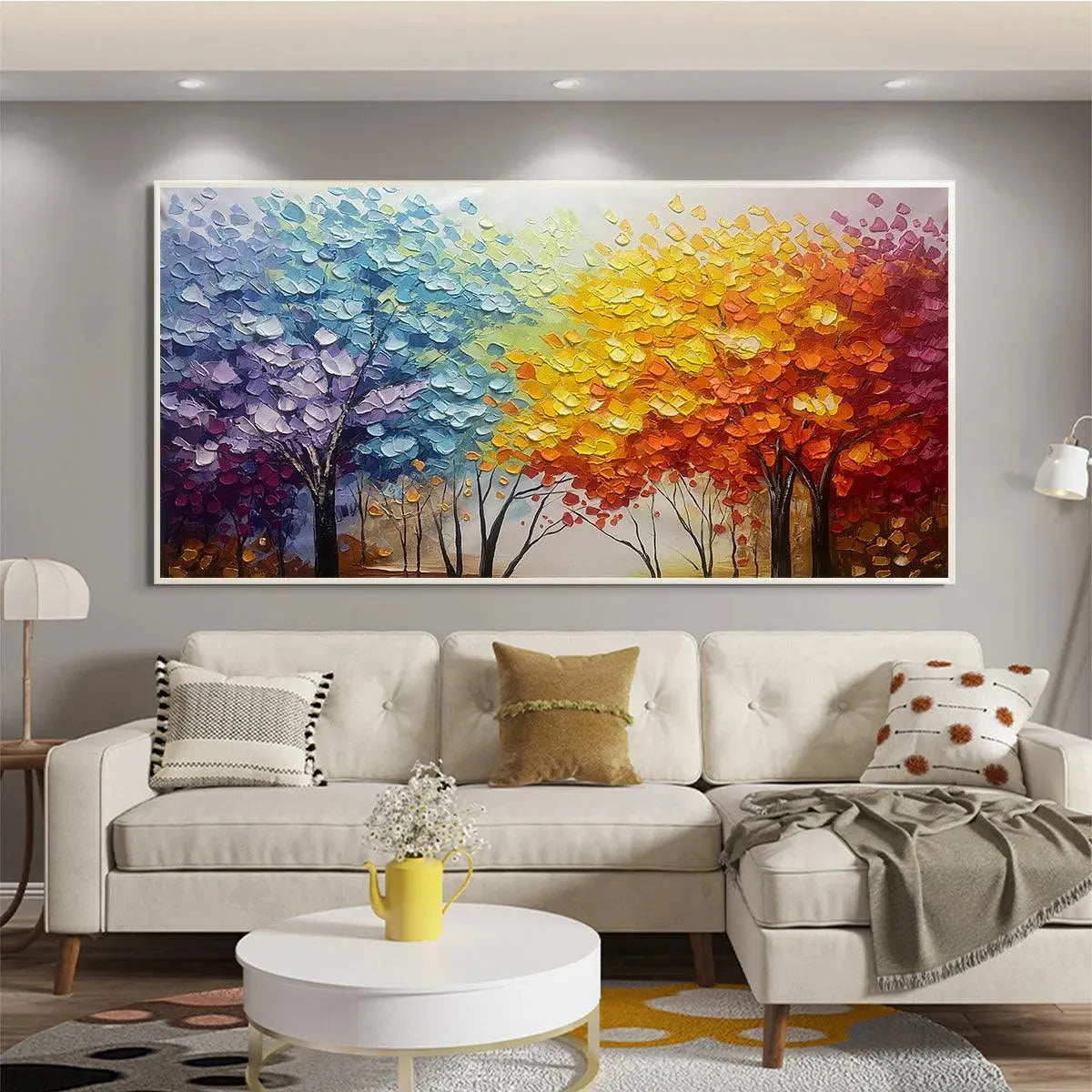 AUTUMN RAINBOW: Panoramic Tree Painting in Vibrant Colors, Textured Canvas, Modern Wall Art - Image 2