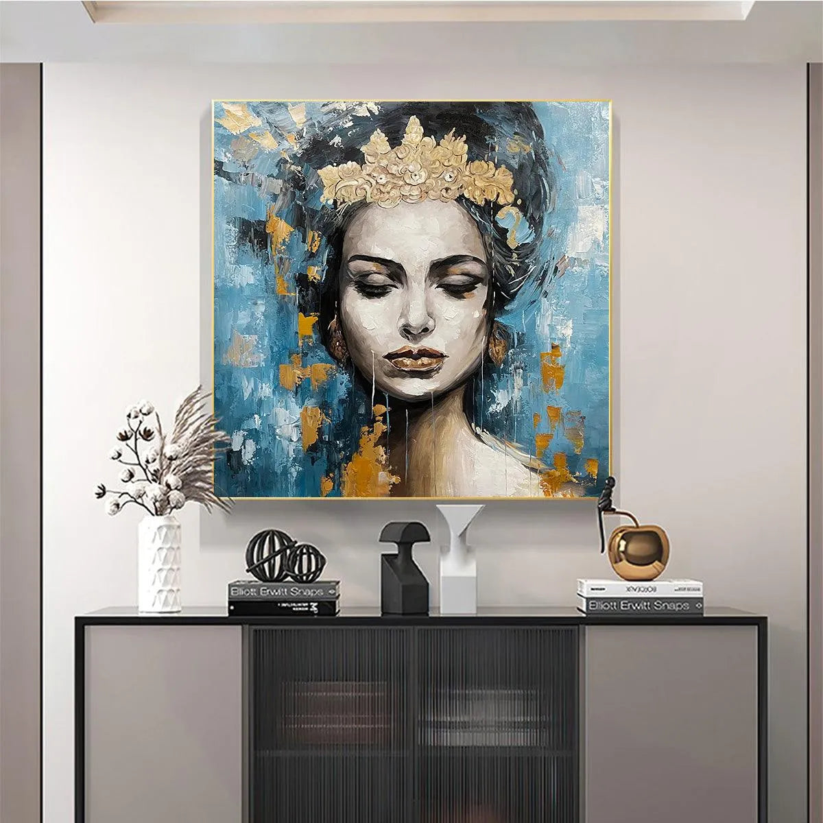 GOLDEN MUSE: Portrait Painting in Blue and Gold, Square Canvas, Modern Figurative Wall Art - Image 2