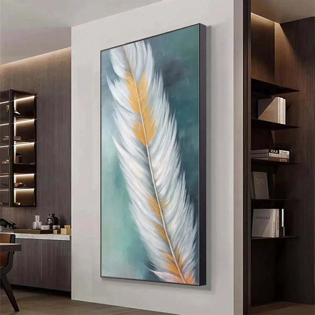 GOLDEN QUILL: White and Gold Feather Painting, Green Background Wall Art, Vertical Canvas, Minimalist Decor - Image 8