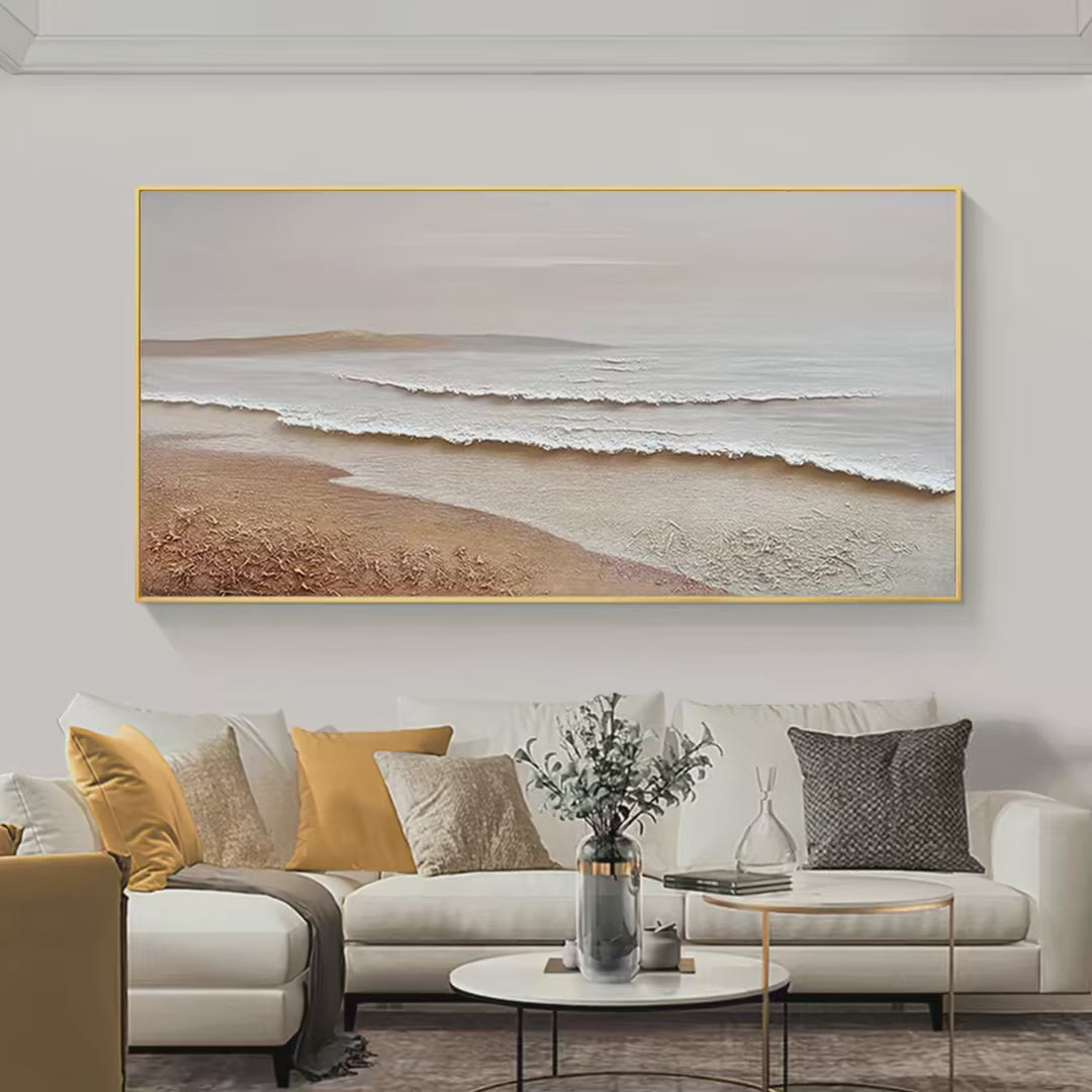 WHISPERING TIDES: Textured Coastal Landscape Painting in Beige and White - Image 4