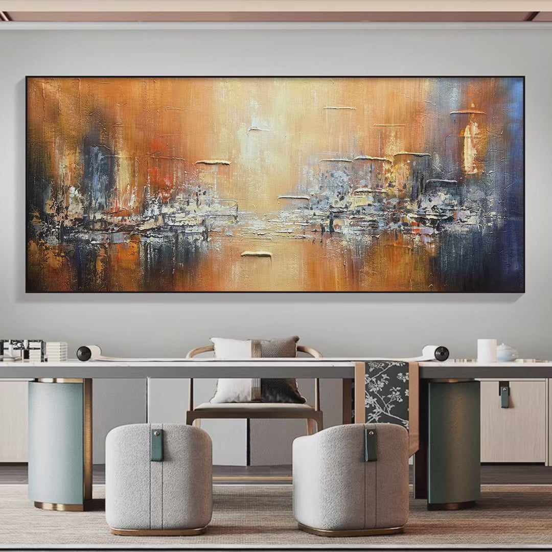 GOLDEN CITY: Textured Abstract Cityscape Painting in Orange and Blue - Image 4