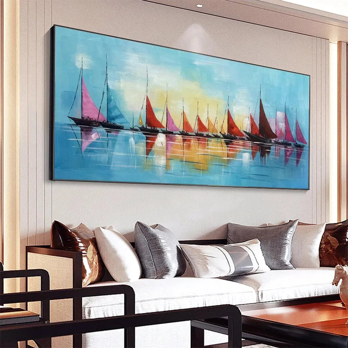 REGATTA: Colorful Sailboats Painting, Blue and Orange Wall Art, Horizontal Canvas, Coastal Decor - Image 5