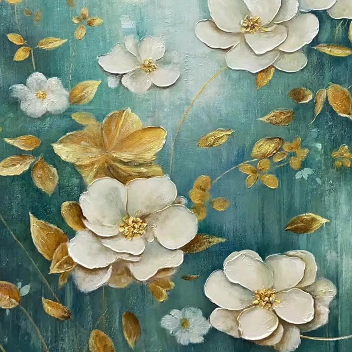 GOLDEN GARDEN: White and Gold Floral Painting, Teal Green Background Wall Art, Horizontal Canvas, Impressionist Decor - Image 4