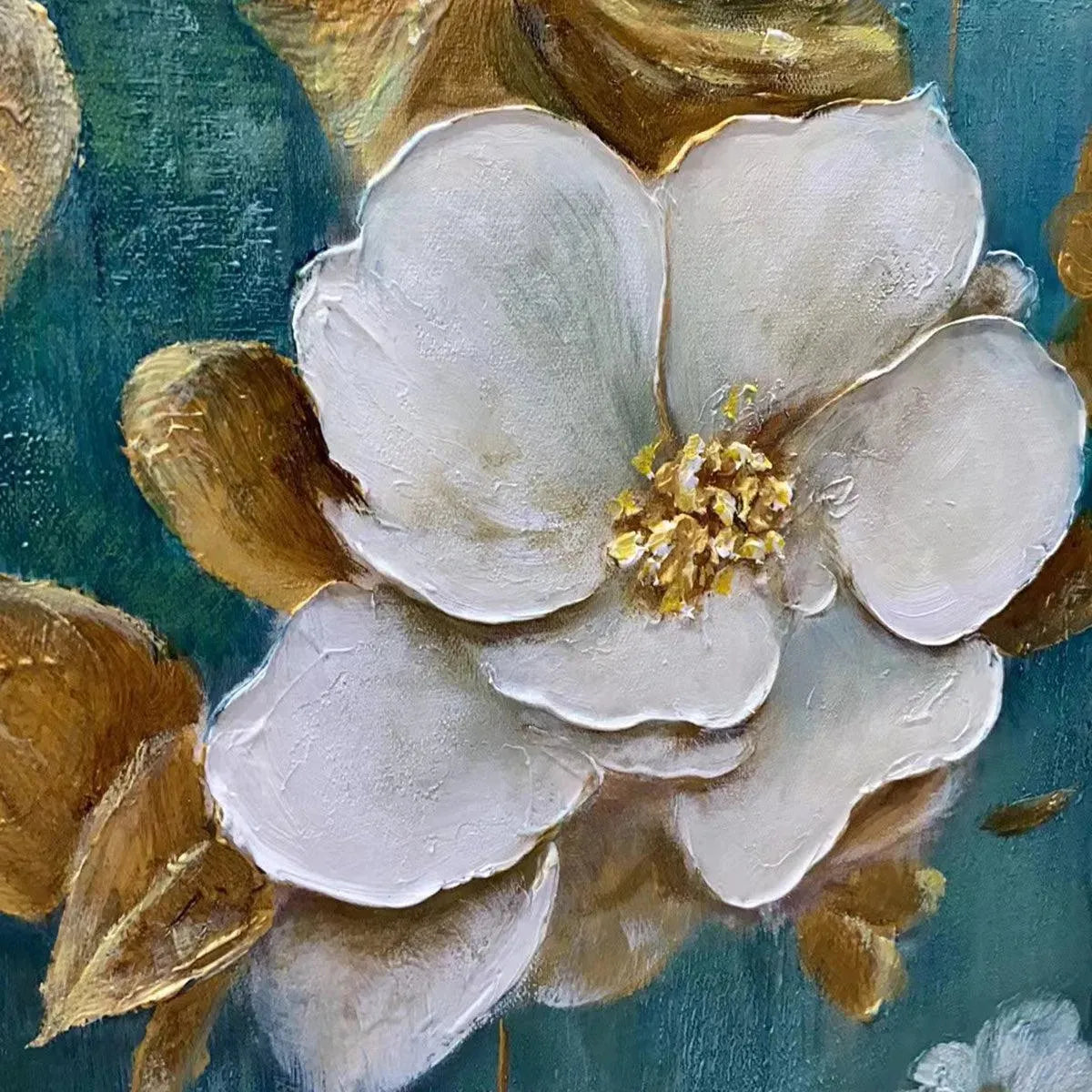 GOLDEN GARDEN: White and Gold Floral Painting, Teal Green Background Wall Art, Horizontal Canvas, Impressionist Decor - Image 3
