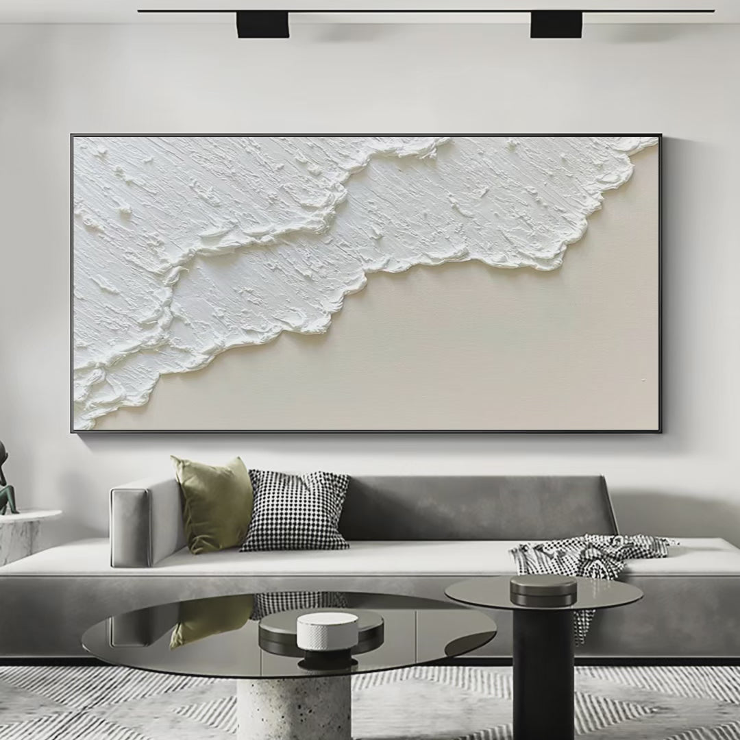 WHITE WAVE: Textured Minimalist Coastal Abstract Painting in White and Beige - Image 4