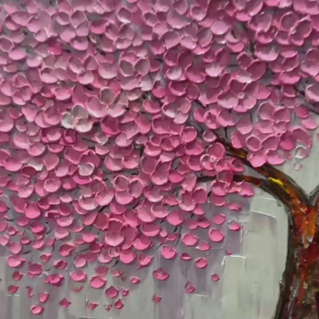 PINK BLOSSOM ABUNDANCE: Textured Impasto Cherry Blossom Tree Painting, Horizontal Wall Art - Image 3