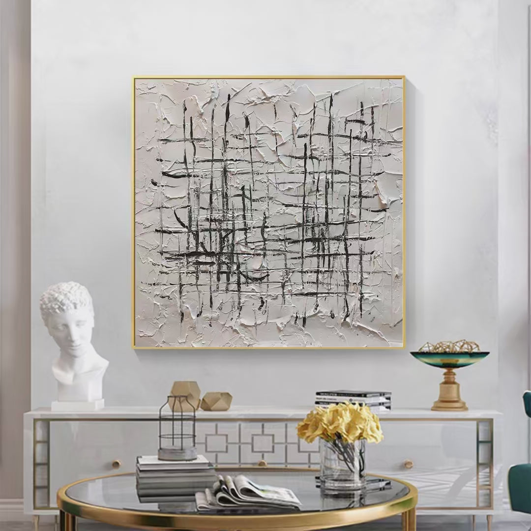 WOVEN LINES: Textured Minimalist Abstract Painting in Black and White - Image 3